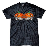 Spooky Halloween Pumpkin with Skeleton Hand Design Tie-Dye T-Shirt