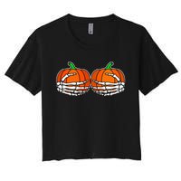 Spooky Halloween Pumpkin with Skeleton Hand Design Women's Crop Top Tee