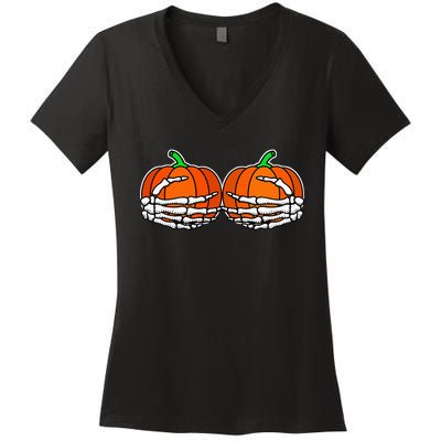 Spooky Halloween Pumpkin with Skeleton Hand Design Women's V-Neck T-Shirt