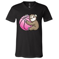 Sloth Hug Pink Ball Basketball Sports Lover Cute V-Neck T-Shirt