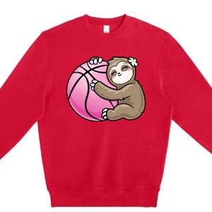 Sloth Hug Pink Ball Basketball Sports Lover Cute Premium Crewneck Sweatshirt