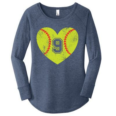 Softball Heart Player #9 Softball Mom Dad Varsity Team Gift Women's Perfect Tri Tunic Long Sleeve Shirt