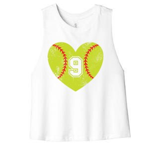 Softball Heart Player #9 Softball Mom Dad Varsity Team Gift Women's Racerback Cropped Tank