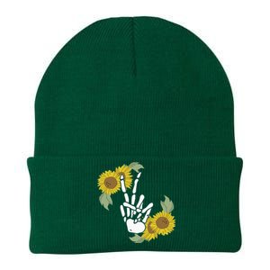 Skeleton Hand Peace Sign Bones Sunflower Knit Cap Winter Beanie