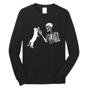 Skeleton Hand Playing Cat Funny Halloween Costume Skull Long Sleeve Shirt