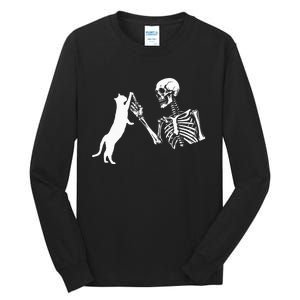 Skeleton Hand Playing Cat Funny Halloween Costume Skull Tall Long Sleeve T-Shirt