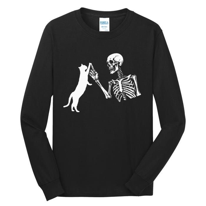 Skeleton Hand Playing Cat Funny Halloween Costume Skull Tall Long Sleeve T-Shirt