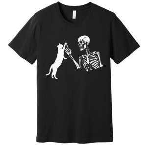 Skeleton Hand Playing Cat Funny Halloween Costume Skull Premium T-Shirt