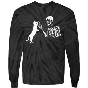 Skeleton Hand Playing Cat Funny Halloween Costume Skull Tie-Dye Long Sleeve Shirt