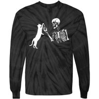 Skeleton Hand Playing Cat Funny Halloween Costume Skull Tie-Dye Long Sleeve Shirt