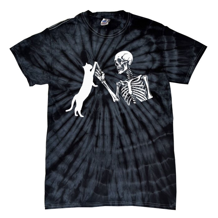 Skeleton Hand Playing Cat Funny Halloween Costume Skull Tie-Dye T-Shirt