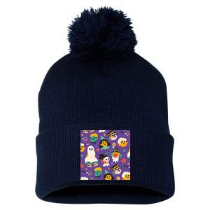 Spooky Halloween Pattern Cartoon Pom Pom 12in Knit Beanie