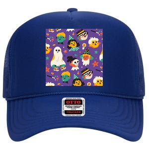 Spooky Halloween Pattern Cartoon High Crown Mesh Back Trucker Hat