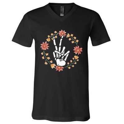 Skeleton Hand Peace Sign Bones Flowers V-Neck T-Shirt