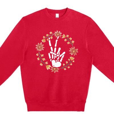 Skeleton Hand Peace Sign Bones Flowers Premium Crewneck Sweatshirt