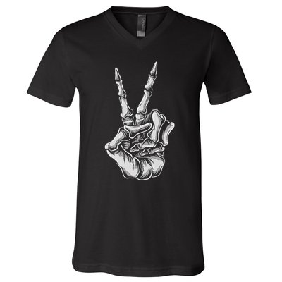 Skeleton Hand Peace Sign Bones Vintage Retro Peace V-Neck T-Shirt