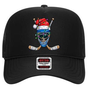 Santa Hockey Player Christmas holiday 2024 High Crown Mesh Back Trucker Hat