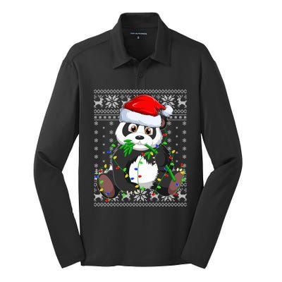 Santa Hat Panda Xmas Lighting Ugly Panda Christmas Great Gift Silk Touch Performance Long Sleeve Polo