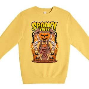 Spooky Halloween Pumpkin And Flames Graphic Premium Crewneck Sweatshirt