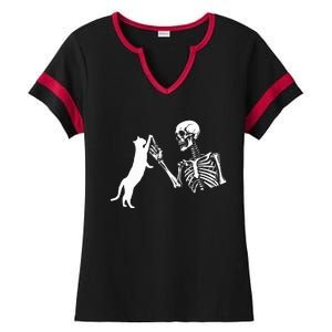 Skeleton Hand Playing Cat Funny Halloween Ladies Halftime Notch Neck Tee