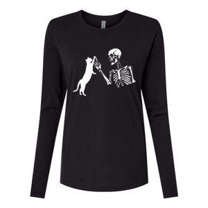 Skeleton Hand Playing Cat Funny Halloween Womens Cotton Relaxed Long Sleeve T-Shirt