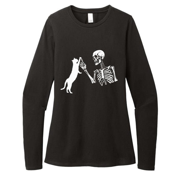 Skeleton Hand Playing Cat Funny Halloween Womens CVC Long Sleeve Shirt