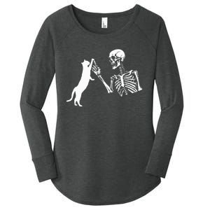 Skeleton Hand Playing Cat Funny Halloween Women's Perfect Tri Tunic Long Sleeve Shirt