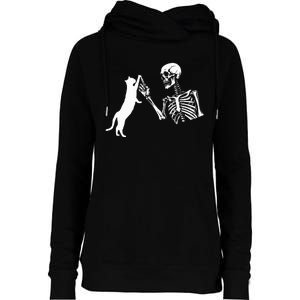 Skeleton Hand Playing Cat Funny Halloween Womens Funnel Neck Pullover Hood