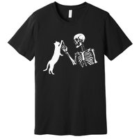 Skeleton Hand Playing Cat Funny Halloween Premium T-Shirt