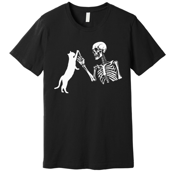 Skeleton Hand Playing Cat Funny Halloween Premium T-Shirt