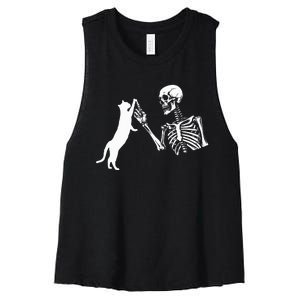 Skeleton Hand Playing Cat Funny Halloween Women's Racerback Cropped Tank