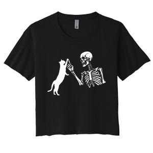 Skeleton Hand Playing Cat Funny Halloween Women's Crop Top Tee