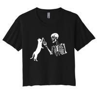 Skeleton Hand Playing Cat Funny Halloween Women's Crop Top Tee