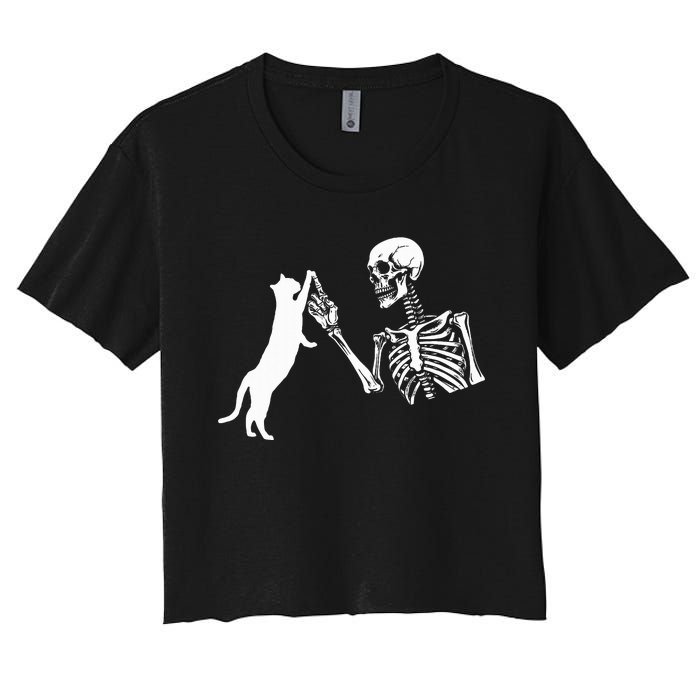 Skeleton Hand Playing Cat Funny Halloween Women's Crop Top Tee