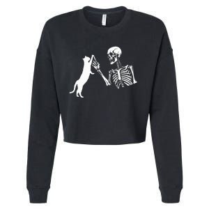 Skeleton Hand Playing Cat Funny Halloween Cropped Pullover Crew