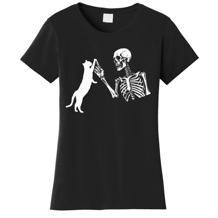 Skeleton Hand Playing Cat Funny Halloween Women's T-Shirt