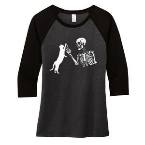 Skeleton Hand Playing Cat Funny Halloween Women's Tri-Blend 3/4-Sleeve Raglan Shirt