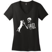 Skeleton Hand Playing Cat Funny Halloween Women's V-Neck T-Shirt