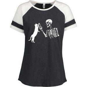 Skeleton Hand Playing Cat Funny Halloween Enza Ladies Jersey Colorblock Tee