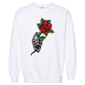 Skeleton Hand Red Rose Flower Garment-Dyed Sweatshirt