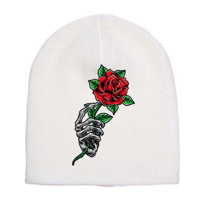 Skeleton Hand Red Rose Flower Short Acrylic Beanie