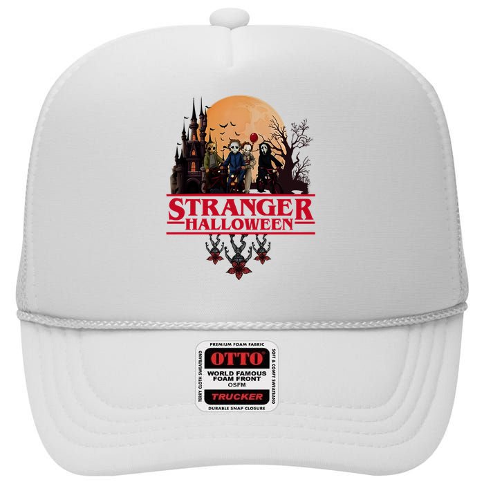 Stranger Halloween Retro 90s Horror Movie Upsidedown High Crown Mesh Back Trucker Hat