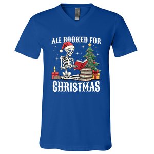 Skeleton Holiday Reading Funny All Booked For Christmas Funny Gift V-Neck T-Shirt