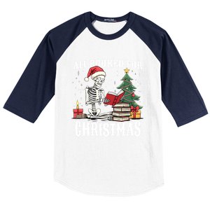 Skeleton Holiday Reading Funny All Booked For Christmas Funny Gift Baseball Sleeve Shirt