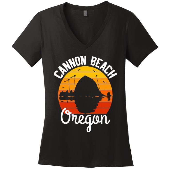 Sunset Haystack Rock Souvenir Cannon Beach Women's V-Neck T-Shirt