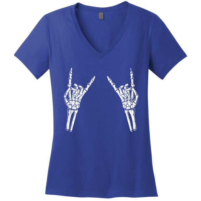 Skeleton Hand Rocker Graphic Rock On Star Trendy Halloween Gift Women's V-Neck T-Shirt