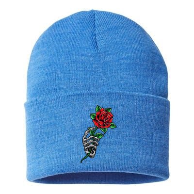 Skeleton Hand Red Rose Flower Sustainable Knit Beanie