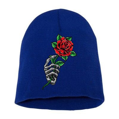 Skeleton Hand Red Rose Flower Short Acrylic Beanie