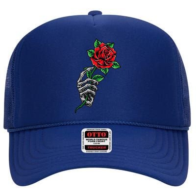 Skeleton Hand Red Rose Flower High Crown Mesh Back Trucker Hat