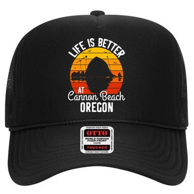 Sunset Haystack Rock Souvenir Life Is Better At Cannon Beach High Crown Mesh Back Trucker Hat